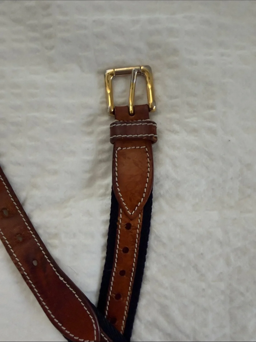VINTAGE Longhi Men's Tan Leather-Trim Belt with navy fabric and Gold Buckle